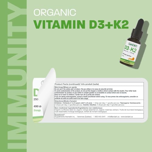 Certified Organic Vitamin D3 & K2 (MK7-Natto) - Bones & Immune Support Drops - Non-GMO - Gluten-Free - Fast Absorption - Liquid Supplement - Made in Canada - 490 Drops - 13.5 ml (Pack of 2)