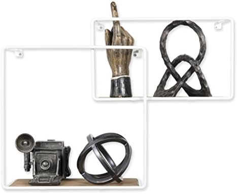 ArtifactDesign Wall Mounted Rustic Decor Iron and Wood Intersecting Cube Floating Shelves Wood Shadow Boxes Set of 2 (White)