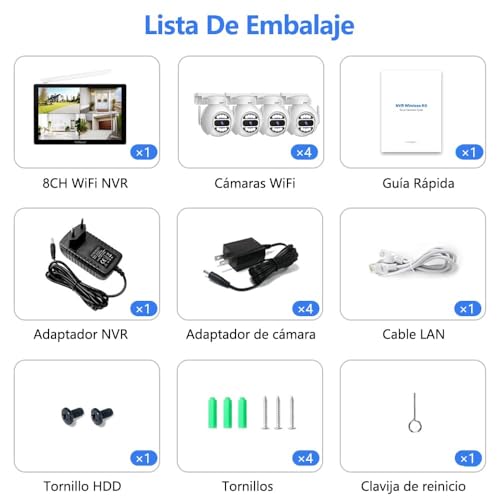 2NLF Kit de Cámaras de Vigilancia Exterior Inalámbrica WiF | Monitor Táctil LCD de 10,1", Cámara de Seguridad de 5MP, Detección de Movimiento, Visión Nocturna en Color, Impermeable IP66