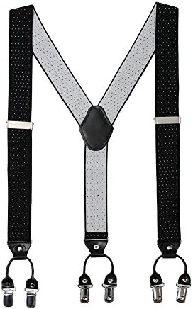 Jungle Crown Men’s Y Back 1.5” Wide Solid Straight Clip Suspenders &amp; Adjustable Braces &amp; 6 Quality Controlled Clamps (Black-White Spot)