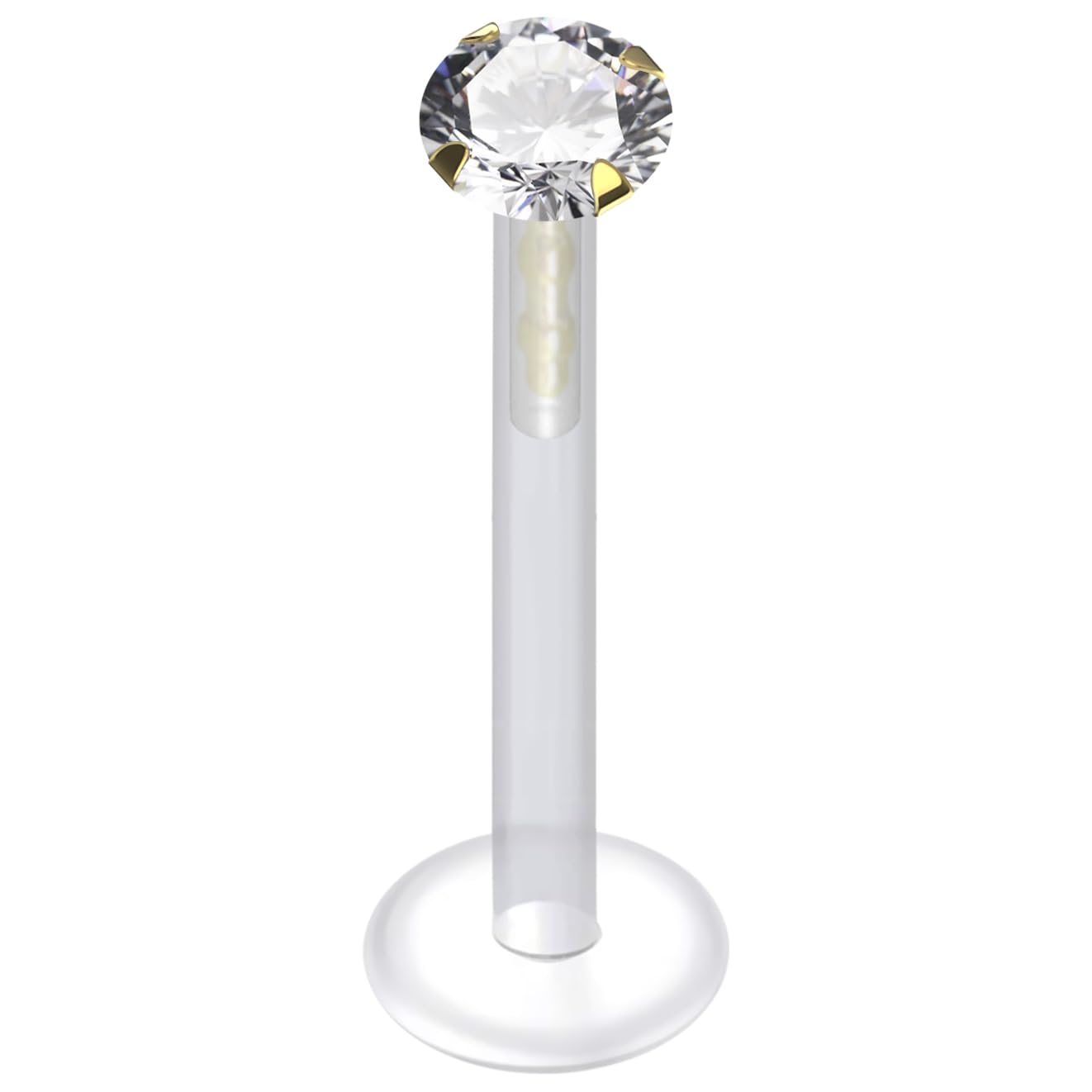 AZARIO LONDON 14K Yellow Gold Claw Set 3MM Round CZ Stone Push Fit Top with Bioplast Lip Labret Tragus Jewellery