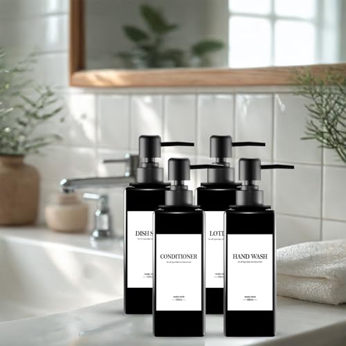 4 Pieces Wall Mounted Shower Soap Dispenser, Soap Dispenser Without Drilling 500 ml Black Shower Dispenser Shampoo and Body Wash with Funnel and Three-Dimensional Waterproof Labels for Bathroom, Kitchen