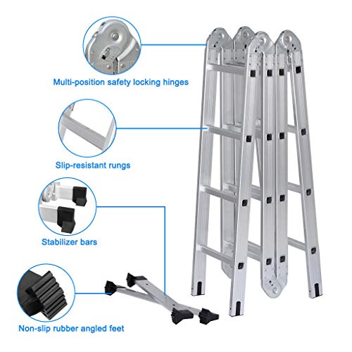 ZhanGe 14-in-1 DIY Multi Purpose Scaffolding Ladder 4.7M/16.5Ft Aluminum Telescopic Lightweight Foldin Extendable Step Stool Work Platform with Safety Locking Hinges EN 131 Standard Hold up to 330Lbs