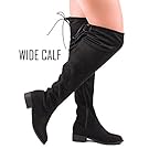 RF ROOM OF FASHION Women's Faux Suede Back Tie Fitted Flat to Low Chunky Heel Over The Knee High Boots Black-Wide Calf (8)