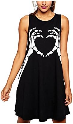 Summer Women Dress Skull Printed Black Sleeveless Lady Tops Party (Large)