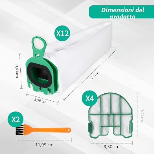 12 Vacuum Cleaner Bags for Vorwerk Kobold VB100 FP100, with 4 Motor Filters, 2 Brushes, Filter Bags Replacement Parts Accessories for Vorwerk Kobold VB 100 FP 100 Vacuum Cleaner
