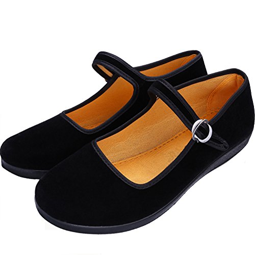 Women's Velvet Mary Jane Shoes Ballerina Ballet Flats Yoga Exercise Dance Shoes (EU 41| US 8.5-9, Black)