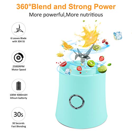 Portable Blender, Supkiir USB Rechargeable Mini Juicer Cup with Handle, Smoothie Blender with 6 Blades with 4000mAh Batteries, 480ml Household Fruit Mixer for Travel Office Sports School