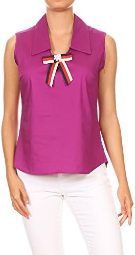 MissMissy Women's Summer Cotton Sleeveless V-Neck Collar Striped Flower Neck Ribbon Brooch Tank Top Blouse (Large, Magenta)