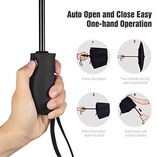 HITSLAM Black UmbrellaÂ Windproof, Automatic Compact Travel Umbrella with Teflon Coating and Waterproof Fabrics