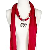 Alirina Red Scarf with Elephant, Heart, owl, Cross, Round Diamond Charm, Pendant, Jewelry Necklace Scarf, Elephant Scarf