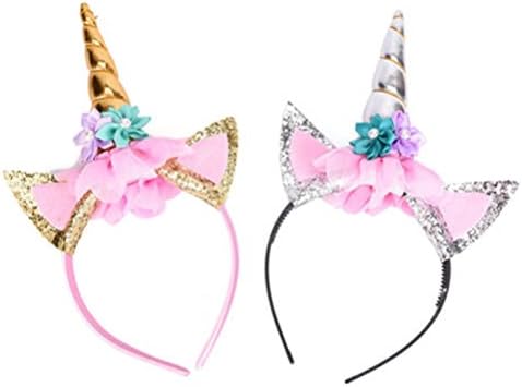 Cha Long 2 Pcs Girls Unicorn Horn Headband with Ears And Flowers for Kids Adults Rainbow Birthday Party Favors Dress Cosplay, GOLD and SILVER