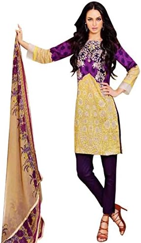 Hautewagon Women's Cotton Lawn Embroidered Unstitched Suit With Chiffon Dupatta Free Size Yellow