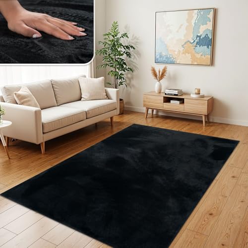 TT Home Wohnzimmer Teppich Hochflor Langflor Kunstfell Weich Modern Unifarben Flauschig, Farbe: Schwarz, Größe:200x280 cm