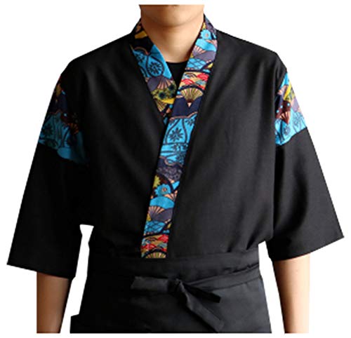Mens Women Patchwork Sushi Chef Jacket Japanese Kitchen Uniform Sushi Workwear Printed Kimono Cardigan