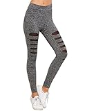SweatyRocks Legging Women Grey Knit Mesh Insert Ripped Tights Yoga Slim Pants