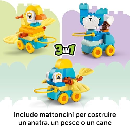DUPLO Animali su Ruote 3 in 1 - Gioco Educativo in Mattoncini per Costruire un'Anatra o un Pesce o un Cane Giocattolo con Ruote e Maniglia - Regalo per Bambine e Bambini da 2 Anni in su - 10448