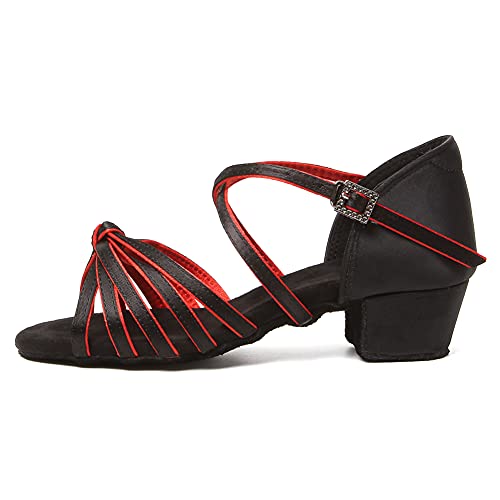 JUODVMP Girl's Latin Dance Shoes Black+Red Satin Low Heel