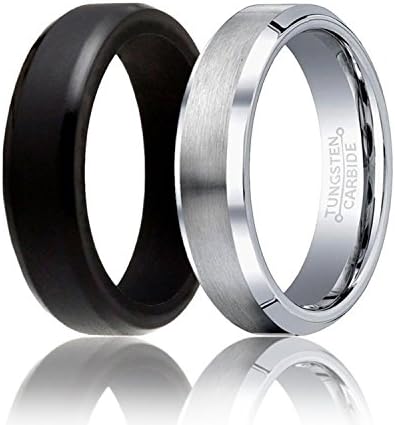 Twins - Set of 2-1 Tungsten Wedding Band and 1 Silicone Rubber Wedding Ring for Men, Classic Style