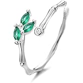 CZ Spring Leaf 925 Sterling Silver Adjustable Ring for Women Green Crystal Leaves Statement Stacking Open Band Finger Rings Comfort Fit Dainty Birthday Holiday Jewelry
