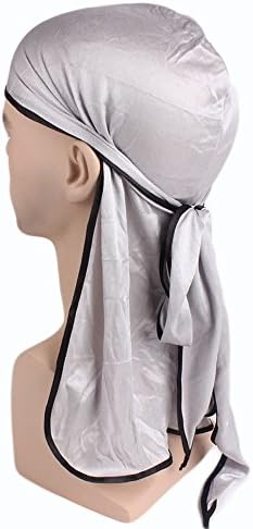 Samidy Men Women Silky Long Tail Hair Loss Chemo Beanie Durag Muslim Bandana Turban (Silver)