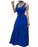 Bigyonger Women's Round Neck Slim Sleeveless Pleated Maxi Dress (XX-Large, Blue)