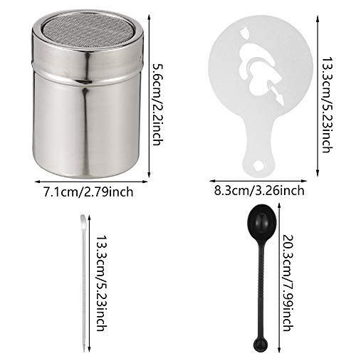 Xinzistar Kakaostreuer für Cappuccino Edelstahl Kakao Streuer Cappuccino mit 16 Schablone Puderzuckerstreuer Staubzuckerstreuer Schokoladenstreuer Kaffeezubehör mit Coffee Art Pull Pin, Rührlöffel – Bild 3