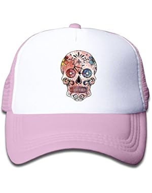 Watercolor Sugar Skull Bikes Kids Adjustable Mesh Cap Trucker Hats Mesh Trucker Cap Pink