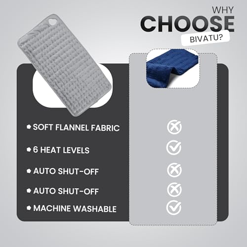 BIVATU Electric Heating Pad – 6 Temperature Levels, Auto Shut-Off, 87-Inch Power Cord, Machine Washable – Pain Relief for Back, Neck, Shoulders, Abdomen, and Period Cramps