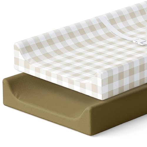 Pobibaby – 2 Pack Premium Changing Pad Covers for Boys, Ultra-Soft Breathable Cotton Diaper Changing Table Covers – Neutral Nursery Changing Pad Sheets for Baby (Gingham Khaki)