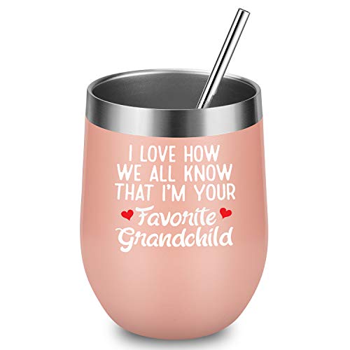 I Love How We All Know That I'm Your Favorite Grandchild - LEADO 12 oz Stainless Steel Wine Tumbler with Lid and Straw, Insulated Stemless Sippy Cup, Perfect Birthday Gift for Grandma (Blush Gold)