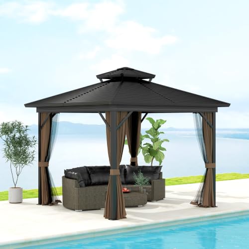 Outsunny 10x10 Hardtop Gazebo with Mesh Netting and Curtains, Dark Brown image 17