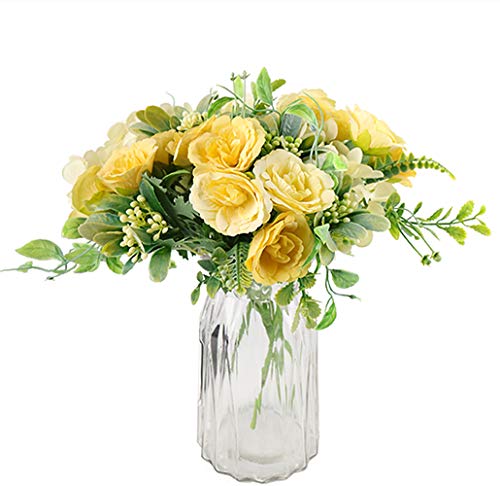 4 Bouquets Mini Artificial Peonies Flowers Silk Hydrangea with Fern Leaves Fake Plants for Table Centerpiece Flower Arrangements Wedding Decor (Yellow)