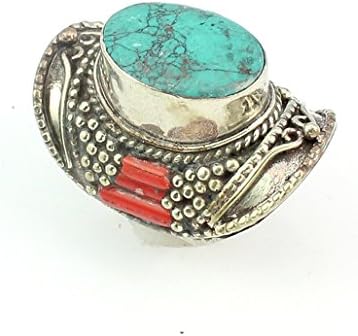 CORAL TURQUOISE NEPALI JEWELRY TIBETAN SILVER PLATED RING 10 S20525