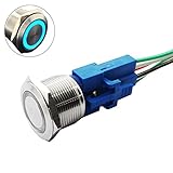 Yakamoz DC12V 22mm 7/8 [Mounting Hole] Blue Ring Led Light Momentary Push Button Switch Metal Industrial Boat Car DIY Switch Silver with Wired Connector Adapter