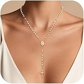Women's Gold Virgin Mary Necklace - 14k Gold Plated Rosary Bead Cross Necklaces,Hypoallergenic Non Tarnish Gold Catholic Y Chain Necklace,Religious Rosary Beads Crucifix Necklaces Jewelry Gift for Her