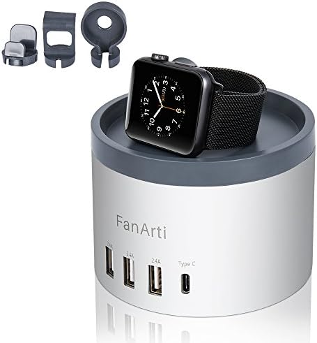 FanArti 5-ports Charging Station Desktop USB Charger with Phone Holder For Apple iWatch/Fitbit/Smartphone/Tablets [3 in 1 Bracket Power Dock], Aluminum Charging Dock Charger Stand