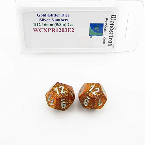 Gold Glitter Colored Dice with Silver Colored Numbers D12 Aprox 16mm (5/8in) Pack of 2 Wondertrail