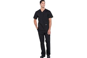 Cherokee Scrub Set for Men from, 4 Pocket V-Neck Scrub Top WW695 with 5 Pocket Tapered Leg Fly Front Cargo Pant WW190