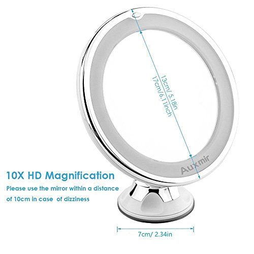 Auxmir 10X Magnifying LED Lighted Makeup Mirror, Vanity Mirror with 14 Natural White LED, Suction Base & 360° Rotation, Ideal for Bathroom & Travel, Batteries Included, Round - Thumbnail 5
