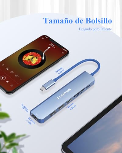 LENTION USB C Hub HDMI 4K@60Hz, PD 100W, SD/TF Card Reader, USB 3.0 & 2.0, 7 in 1 USB C Adapter for MacBook Pro/Air 2026-2016, New iPad Pro, Surface, iPhone 17 Plus Pro MAX and More (Blue)