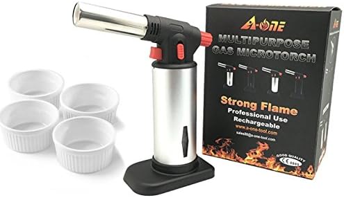 A-ONE KITCHEN TOOL Silver Culinary Kitchen Creme Brûlée Blow Torch with 4-piece White Round Ramekin