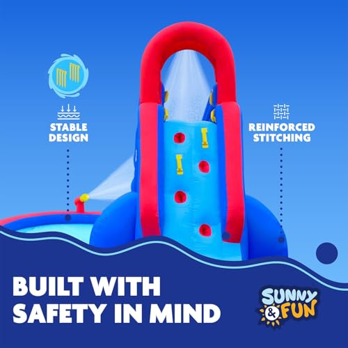 Sunny & Fun Deluxe Inflatable Water Slide Park & Splash Pool with Tunnel - Heavy-Duty for Outdoor Fun - Climbing Wall - Easy to Set Up & Inflate with Included Air Pump & Carrying Case