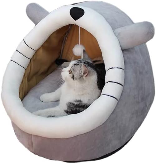 disdain Cat Beds Indoor Grey 2-in-1 Cave with Hanging Teaser Toy