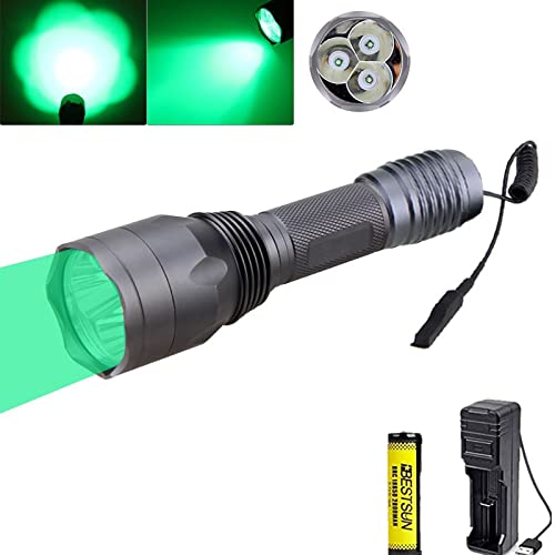 BESTSUN 10000 Lumen Green Light LED Hunting Torch, 300 Yards Long Range Tactical Coyote Hog Hunting Flashlight Light with Pressure Switch, Rechargeable Battery and Charger