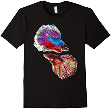 Mens Two Fighting Psychedelic Colorful Fish Drawing T-Shirt Medium Black