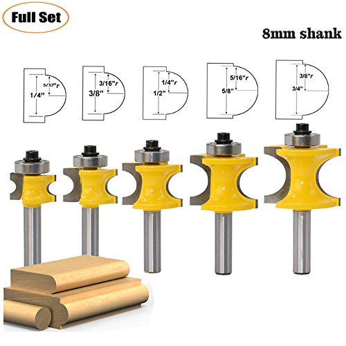 LEATBUY 1/4 Inch Shank Bullnose Router Bit 5PCS, Half Round Bearing Carbide Tipped Round Edge Cutting Bits， Radius 1/8" 3/16" 1/4" 5/16" 3/8", Woodworking Tool Milling Cutter CNC Router Tool - Thumbnail 7