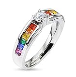Lesbian Pride Rainbow Ring w/ Middle CZ Center Stone. High quality steel ring band. Rainbow Pride Jewelry (Gay Wedding Marriage or Engagement band)