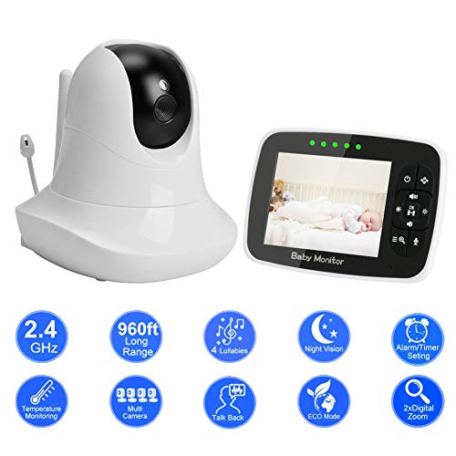 2.4GHz Video Baby Monitor with Camera 3.5 inch Color LCD Screen HD Remote Monitor Pan Tilt Zoom Two-Way Talk Infrared Night Vision Two Way Audio Temperature Display Lullaby with Wall Mount