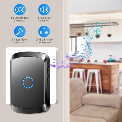 Timbre Inalámbrico para Puerta Exteriores Traje, Timbres InaláMbricos Para Casa, Receptor, Timbre Inalambrico Exterior, Rango De Trabajo De 300m Con 60 MelodíAs, 5 Niveles De Volumen